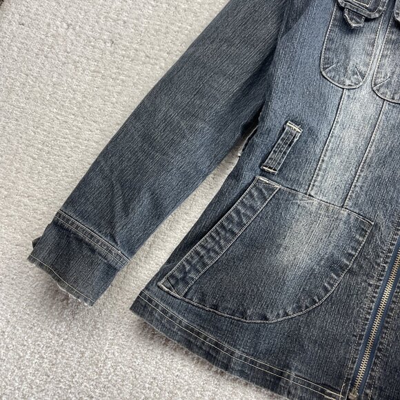 Y2K 725 Originals Dark Blue Denim Moto Cafe Racer Jacket Military Wom Sz S 2000s - Picture 3 of 13